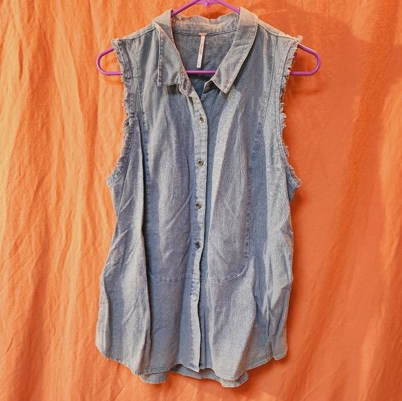 Free People Denim Chambray Sleeveless Frayed Button Down - Picture 2 of 4